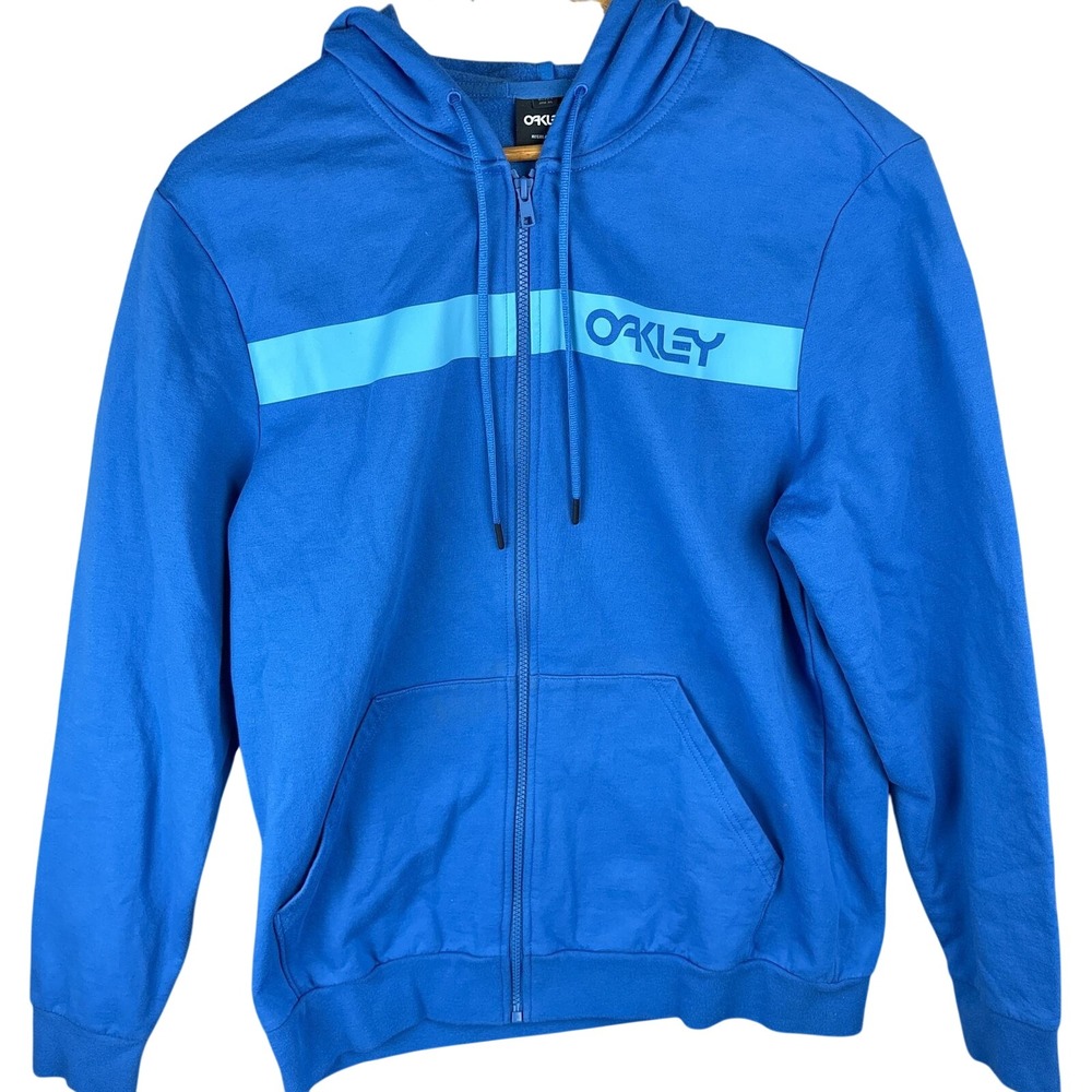 Oakley Full Zip Jacket Mens Large Blue Fleece Logo Stripe Graphic Sweatshirt